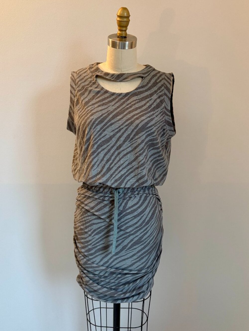 Rare Fate Drawstring Ruched Grey Zebra Print Dress w/ Cut-outs - size M